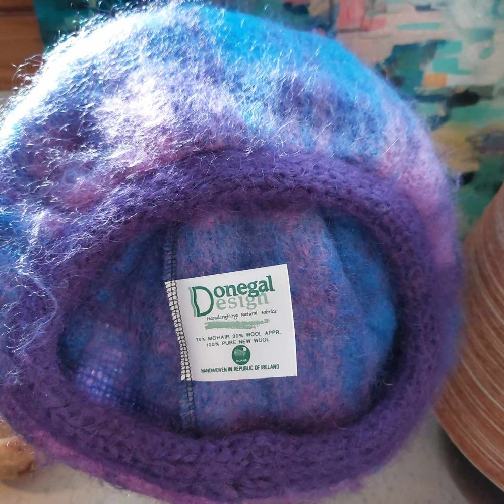 Vintage Donegal mohair beanie/hat/tam - blue and purple
